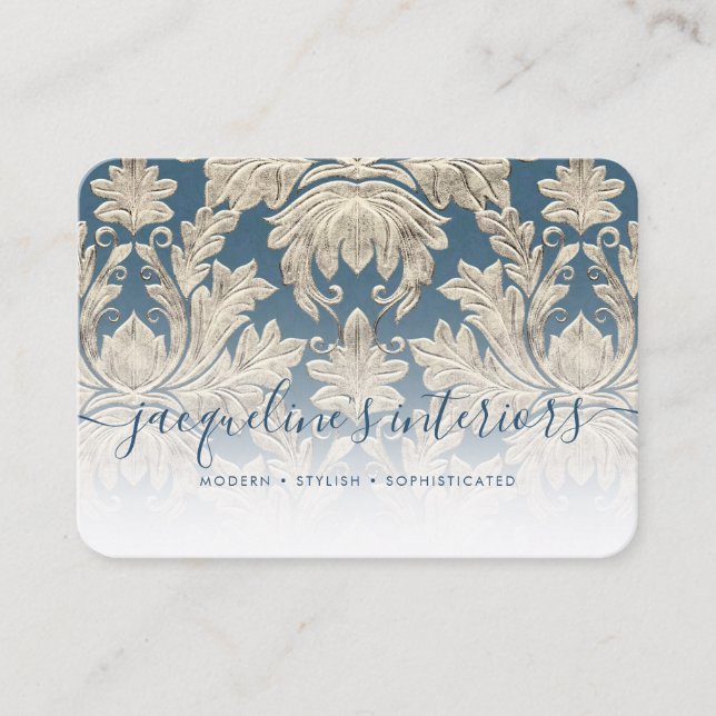 French Blue Elegant Floral Vintage Wood Damask Business Card (Front)