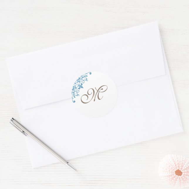 French Blue Fleur de Lis Initial Script Monogram Classic Round Sticker (Envelope)