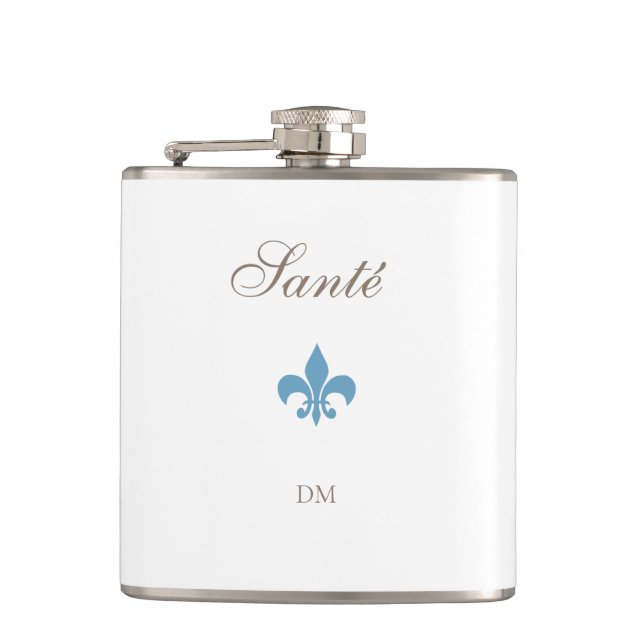 French Blue Fleur de Lis Santé Monogram Wedding  Hip Flask (Front)