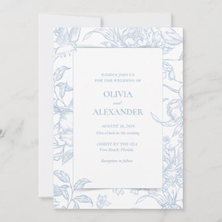 French Blue Floral Bird Botanical Wedding Invitation