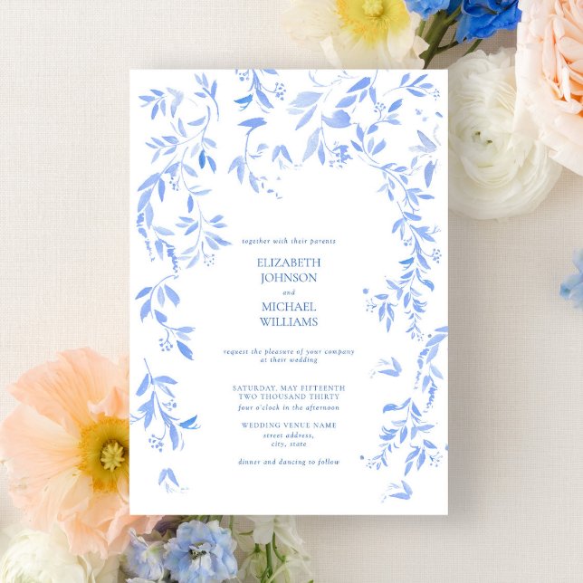 French Blue Floral Botanical Photo Wedding  Invitation (Creator Uploaded)