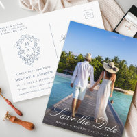 French Blue Floral Crest Photo Save the Date