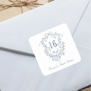 French Blue Floral Crest Sweet 16 Birthday Party Square Sticker