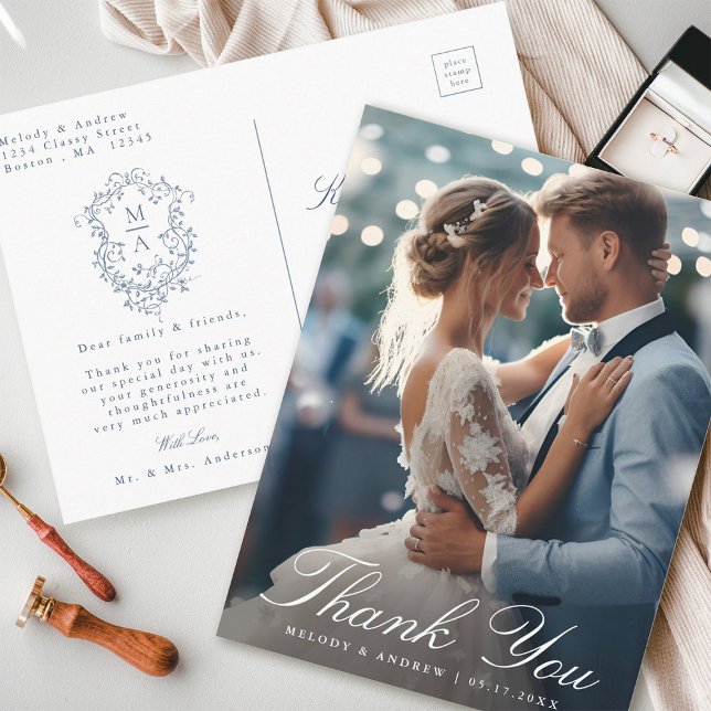 French Blue Floral Crest Wedding Photo Thank You Postcard (Front & Back)