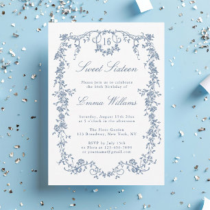 French Blue Floral Frame Sweet 16 Birthday Party  Invitation