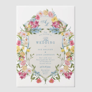 French Blue Floral Monogram Vintage Crest Wedding Vellum Invitations