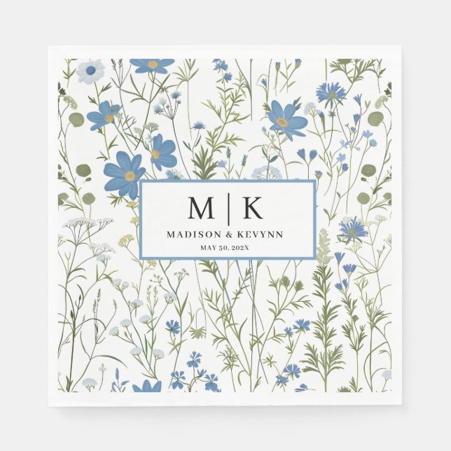 French Blue FloraL wedding cocktail Napkins (Front)
