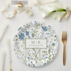 French Blue FloraL wedding cocktail  Paper Plate