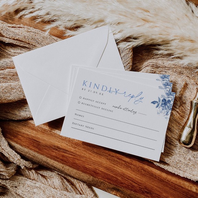 French Blue Floral Wedding Invite RSVP Reply Card  (Creator Uploaded)