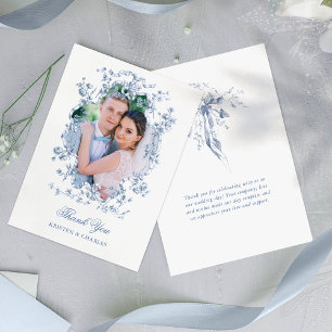 French Blue Flowers & Ribbons Wedding Photo Thank You Card