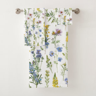 French Blue Garden Wildflowers Pattern Bath Towel Set