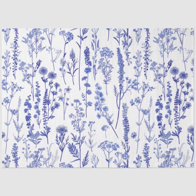 French Blue Garden Wildflowers Pattern Tissue Paper (Front)