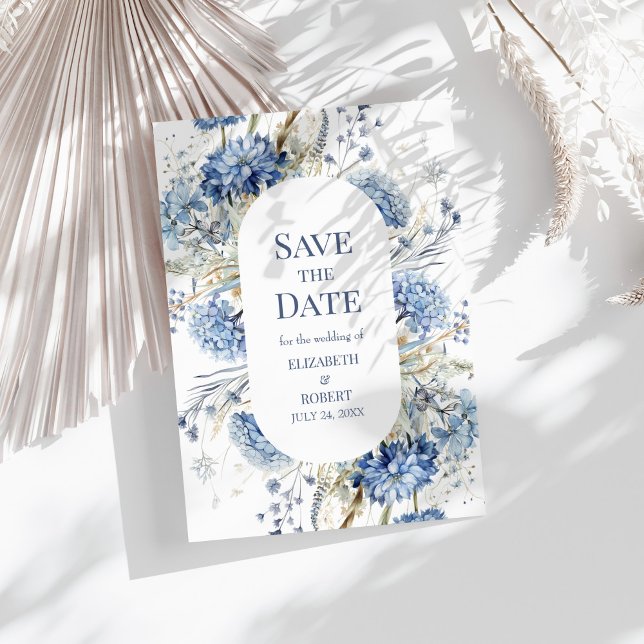 French Blue Garden Wildflowers Save The Dates Invitation (French Blue Garden Wildflowers Save The Dates Invitation on a sunny table with dry botanical.)
