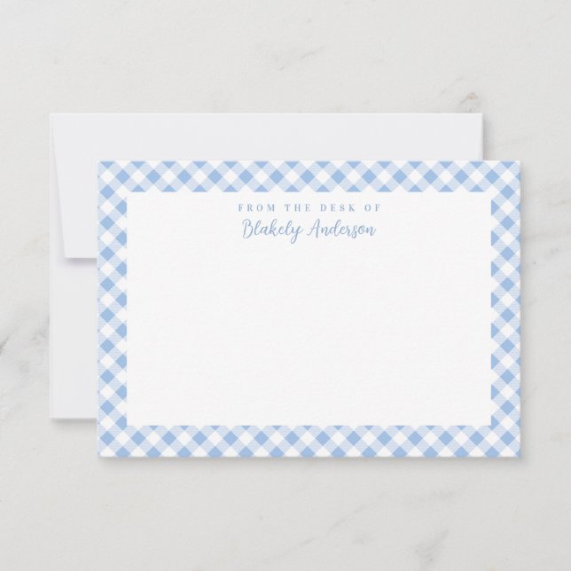French Blue Gingham Check Personal Stationery Thank You Card (Front)