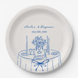 French Blue Hand Drawn Champagne Whimsical Wedding Paper Plate