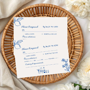 French Blue Hand Drawn Champagne Whimsical Wedding RSVP Card