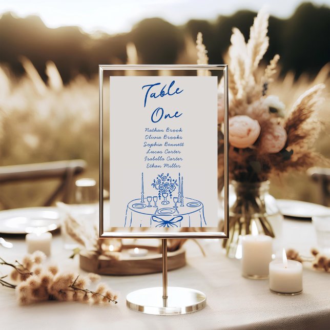French Blue Hand Drawn Champagne Whimsical Wedding Table Number (Creator Uploaded)