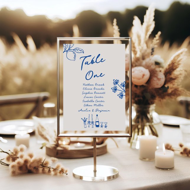 French Blue Hand Drawn Champagne Whimsical Wedding Table Number (Creator Uploaded)