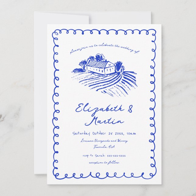 French Blue Hand Drawn Funky Vineyard Wedding Invitation (Front)