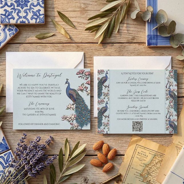 French Blue Hand-Drawn Peacock Wedding Itinerary (Wedding Itinerary with hand-drawn peacocks and magnolias in a French blue Vintage style)