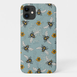 French Blue Honeybee and Flowers Pattern Case-Mate iPhone Case