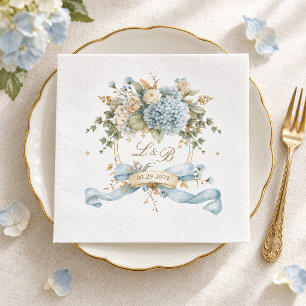 French Blue Hydrangea Monogram Crest Wedding Napkin
