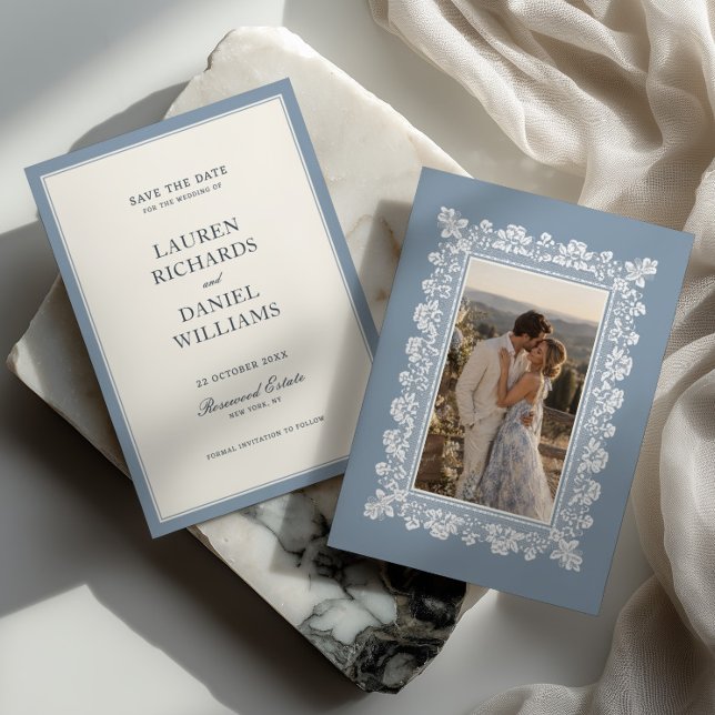 French Blue Lace Frame Wedding Save The Date (Creator Uploaded)