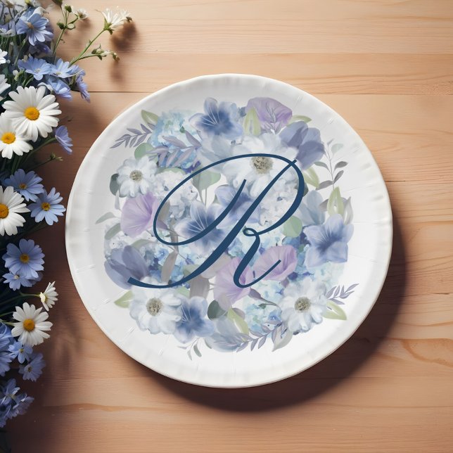 French Blue & Lavender Watercolor Floral Wedding Paper Plate (French Blue & Lavender Watercolor Floral Wedding Paper Plates)