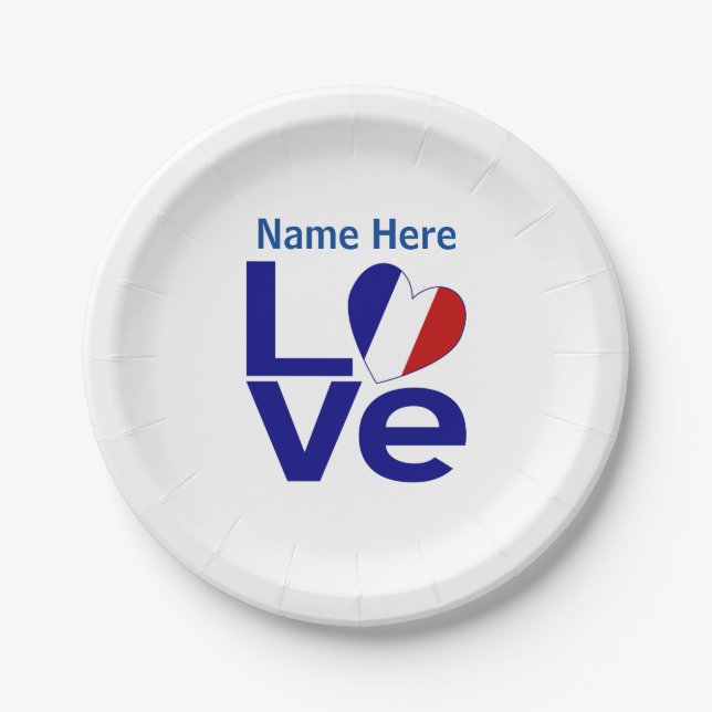French Blue LOVE Heart Flag Personalised Party Paper Plate (Front)