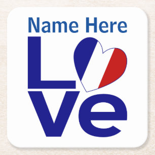 French Blue LOVE Heart Flag Personalised Square Paper Coaster