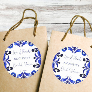 French Blue Mediterranean tile bridal shower favou Classic Round Sticker