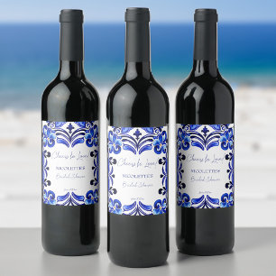 French Blue Mediterranean tile cheers to love Wine Label