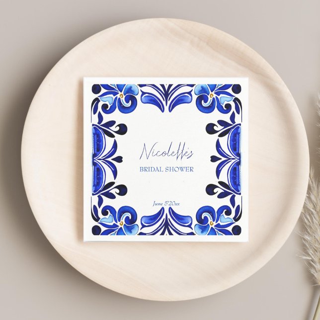 French Blue Mediterranean tiles bridal shower Napkin (French Blue Mediterranean Spanish tiles bridal shower printed Napkins template personalized tablewar)