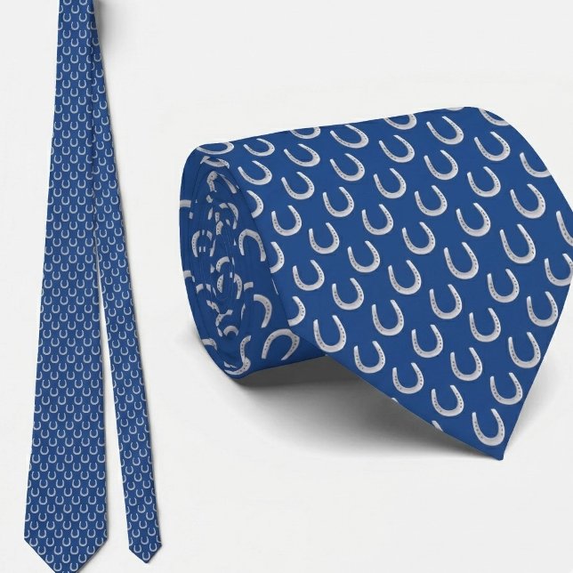 French Blue Micro Horseshoe Print Derby Necktie (Sophisticated horseshoe print tie in French Blue with silvery horseshoes)
