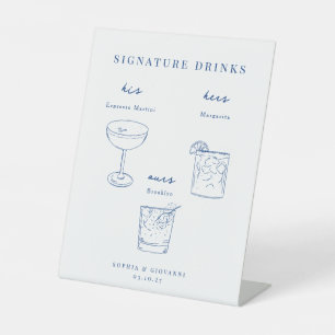 French Blue Minimalist Wedding Signature Drinks Pedestal Sign