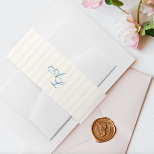 French Blue Monogram Vintage Cream Stripe Wedding Invitation Belly Band