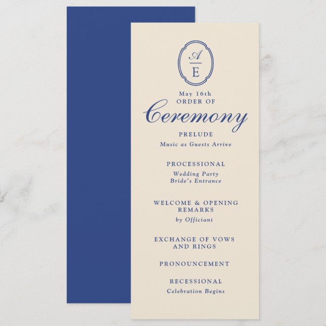 French Blue Monogram Wedding Program Invitation (Front/Back)