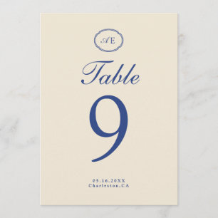French Blue Monogram Wedding Table Number