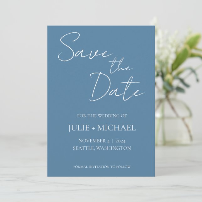 French Blue Monotone Simple Style Wedding Save The Date (Standing Front)