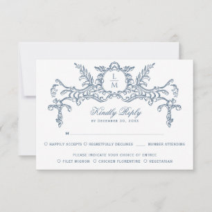 French Blue Ornate Baroque Monogram RSVP Card