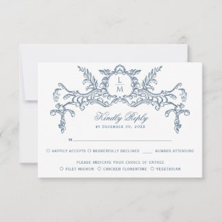 French Blue Ornate Baroque Monogram RSVP Card