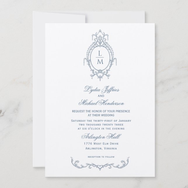 French Blue Ornate Baroque Monogram Wedding Invitation (Front)