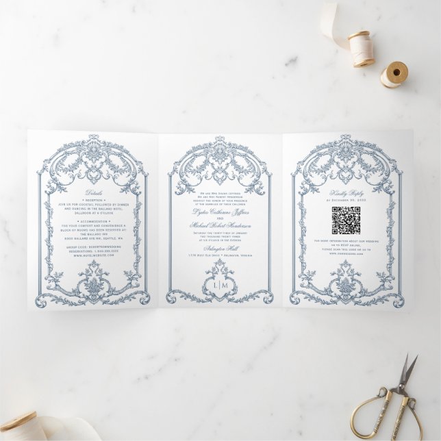 French Blue Ornate Baroque Tri-Fold Wedding  Invitation (Inside)