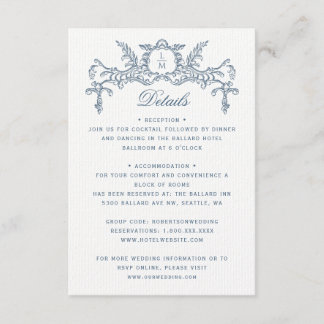 French Blue Ornate Baroque Wedding Details Enclosure Card