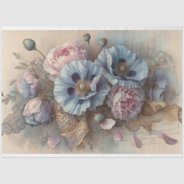 French Blue Poppies Pink Peonies Decoupage Tissue Paper (Front)