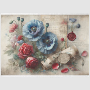 French Blue Poppies Roses Love Letter Decoupage Tissue Paper