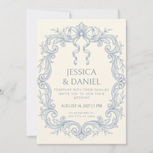 French Blue Rococo Bow Engraved Toile Border Invitation