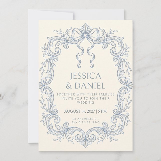 French Blue Rococo Bow Engraved Toile Border Invitation (Front)