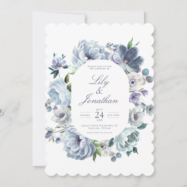 French Blue Romantic Floral Wedding Invitation (Front)