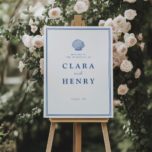 French Blue Seashell Coastal Wedding Welcome Sign
